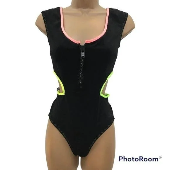 Zara Women’s Black Cut Out Piping Neón Trim Zip Front Cheeky Swimsuit Sz S NWT - Picture 2 of 14